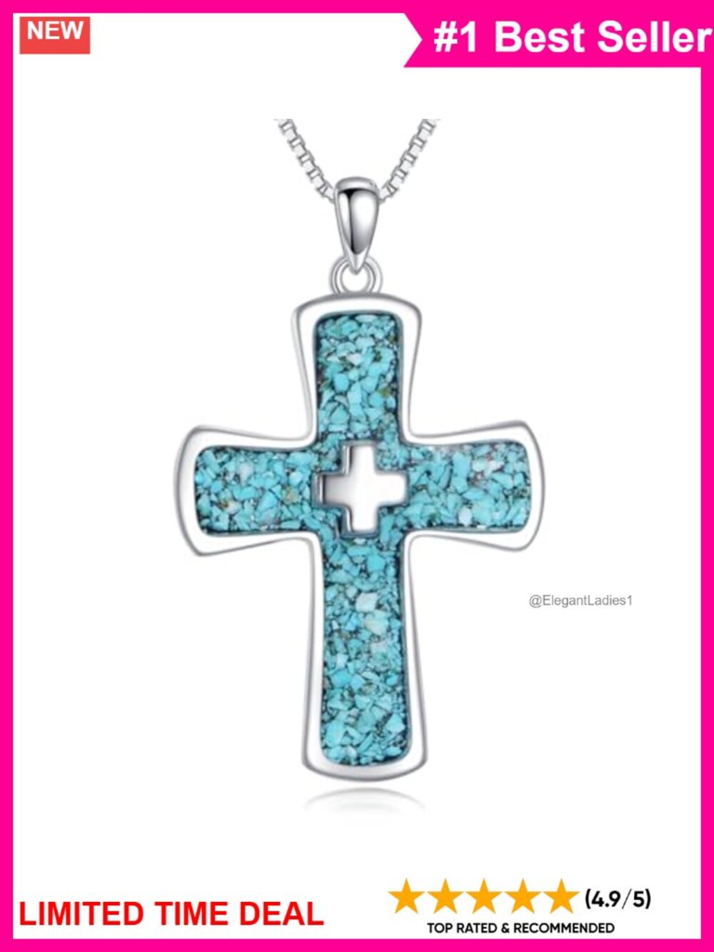 Sterling Silver Turquoise Cross Pendant Necklace 18+2 Inch Adjustable Chain